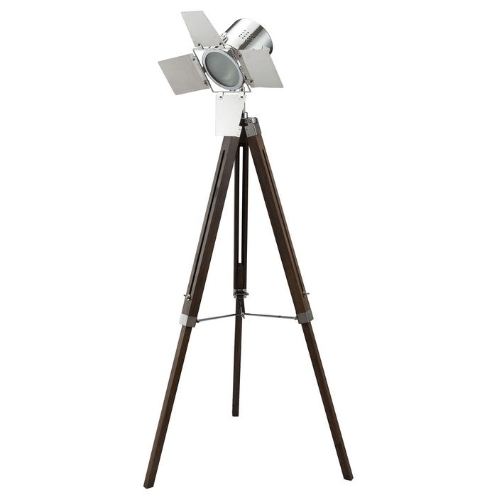 Spotlight Metal Floor Lamp with Wooden Tripod Base, Brown and Silver