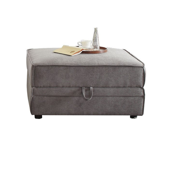 Velvet Upholstered Wooden Ottoman with Lift Off Storage and Block Legs, Gray