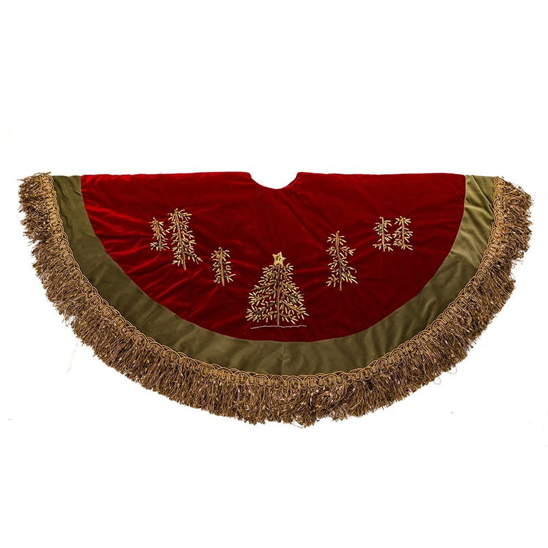 Kurt Adler 50-Inch Burgundy Ribbon Trees Tree skirt with Green Tassel Border