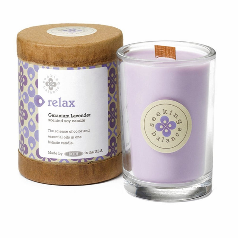 Root Scented Seeking Balance Relax Candle, Geranium Lavender