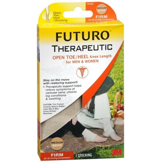 Futuro Therapeutic Knee Length Stocking for Men/Women, Open Toe/Heel, Medium, Beige, 1 Count, Firm Compression