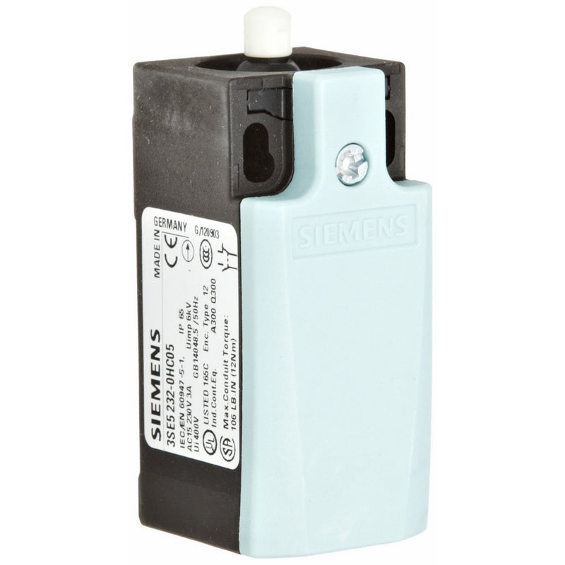 Siemens 3SE5 232-0HC05 International Limit Switch Complete Unit, Plastic Enclosure, 31mm Width, Rounded PTFE Plunger, Snap Action Contacts, Integrated, NO 1 NC Contacts