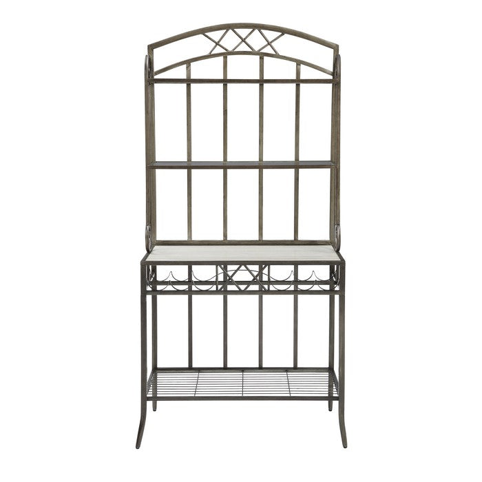 Metal Bakers Rack with Four Spacious Shelves and Wine Bottle Holder, Gray and Brown