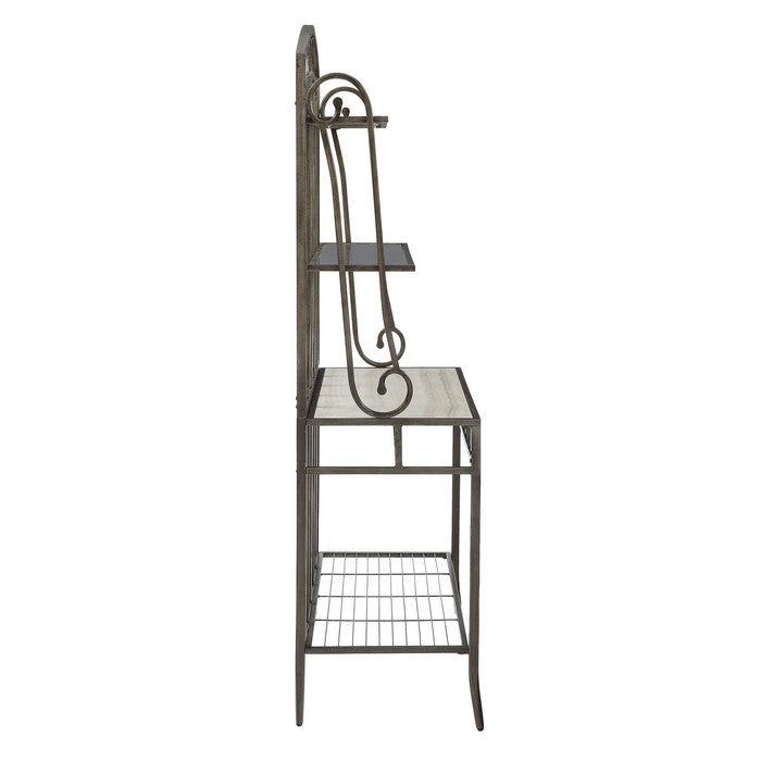 Metal Bakers Rack with Four Spacious Shelves and Wine Bottle Holder, Gray and Brown
