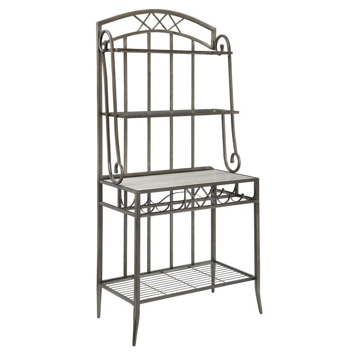 Metal Bakers Rack with Four Spacious Shelves and Wine Bottle Holder, Gray and Brown