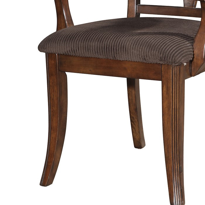 Wooden Arm Chair with Fabric Padded Seat and Lattice Design Backrest, Brown, Set of Two