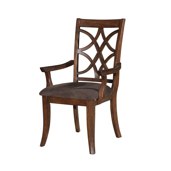 Wooden Arm Chair with Fabric Padded Seat and Lattice Design Backrest, Brown, Set of Two