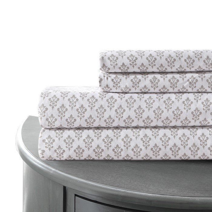Venice 4 Piece Queen Size Damask Sheet Set The Urban Port, White and Gray