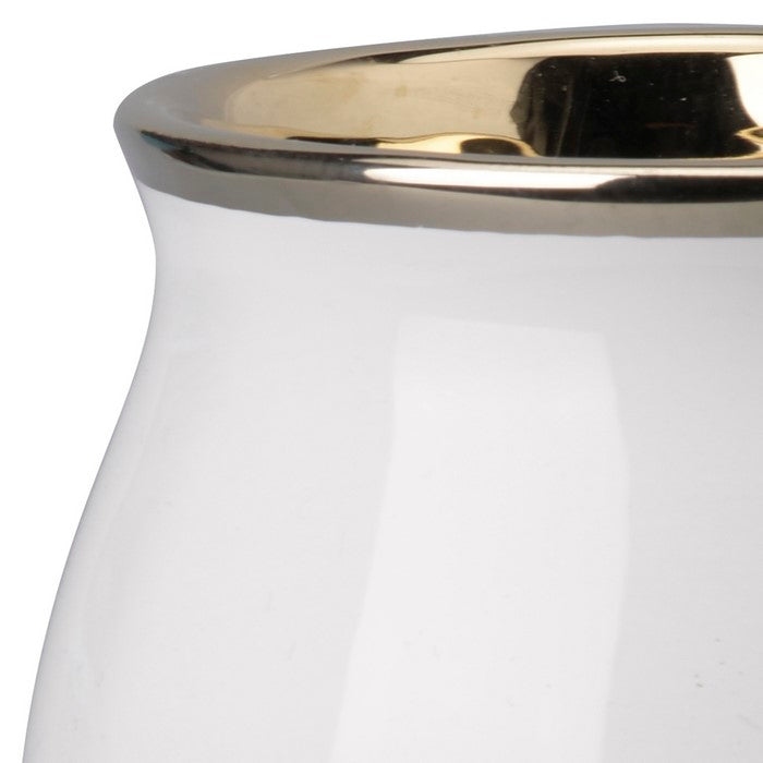 Bellied Shape Ceramic Vase with Pedestal Base, Large, White and Gold
