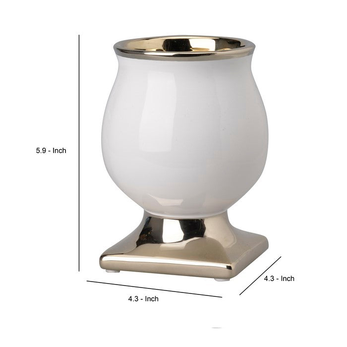 Bellied Shape Ceramic Vase with Pedestal Base, Large, White and Gold