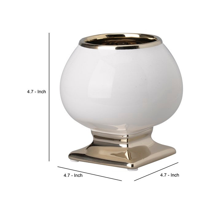 Bellied Shape Ceramic Vase with Pedestal Base, Small, White and Gold
