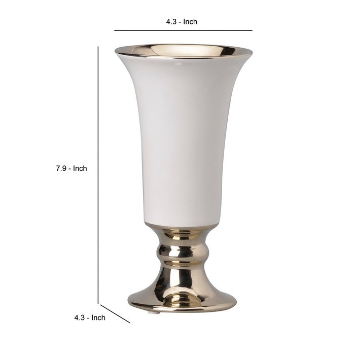 Ceramic Vase with Flared Top and Pedestal Base, Medium, White and Gold