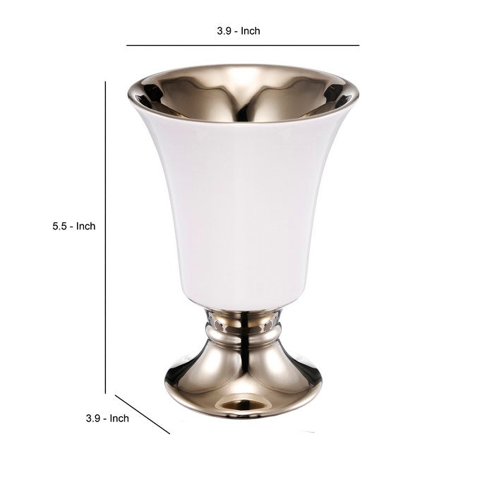 Ceramic Vase with Flared Top and Pedestal Base, Small, White and Gold