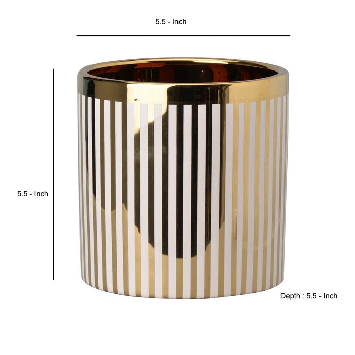 Ceramic Cylindrical Planter with Strips Pattern, White and Gold