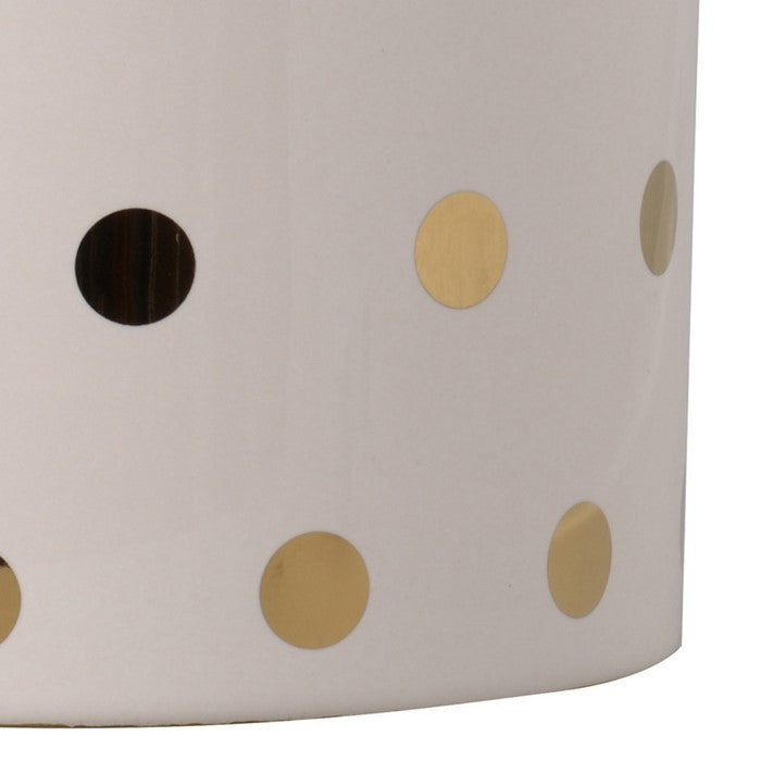 Ceramic Cylindrical Planter with Polka Dots Pattern, White and Gold