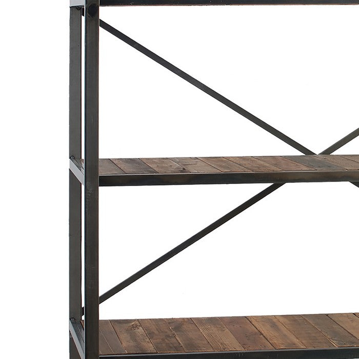 Wood and Metal Four Shelves Book Unit with Open Back and Front, Brown