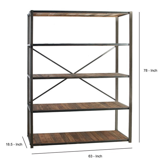 Wood and Metal Four Shelves Book Unit with Open Back and Front, Brown