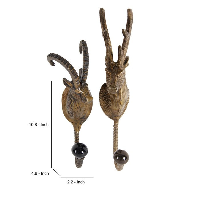 Metal Sheep Head Hangers with Crystal Ball At Base, Set of 2, Gold