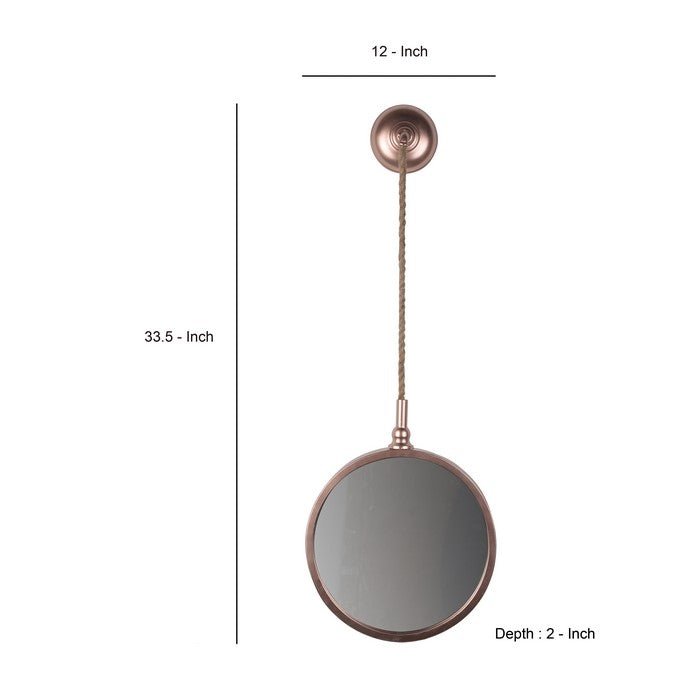 Metal Frame Round Wall Mirror with Attached Rope Hanging,Small, Copper