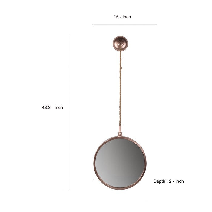 Metal Frame Round Wall Mirror with Attached Rope Hanging,Medium,Copper