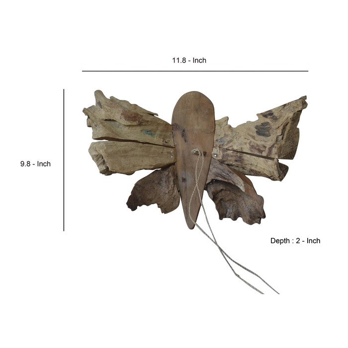 Teak Butterfly Decor with Two Attached Rope Hangings, Large, Brown