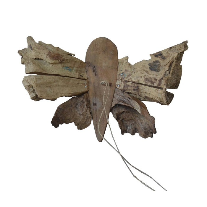 Teak Butterfly Decor with Two Attached Rope Hangings, Large, Brown