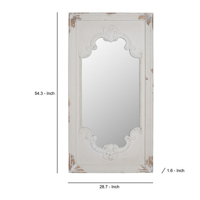 Wooden Rectangle Wall Mirror with Chipped Edges and Hook, White