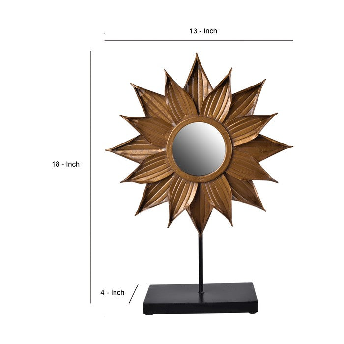 Metal Starburst Table Mirror with Rectangle Wooden Base,Gold and Black