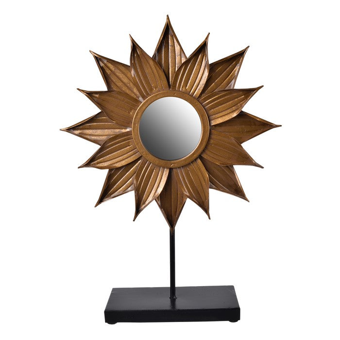 Metal Starburst Table Mirror with Rectangle Wooden Base,Gold and Black