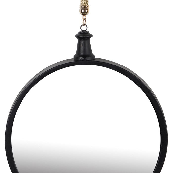 Round Metal Wall Mirror with Chain Hanger, Black and Gold