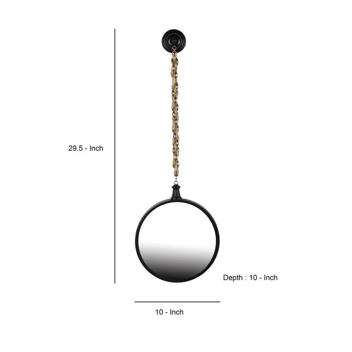 Round Metal Wall Mirror with Chain Hanger, Black and Gold