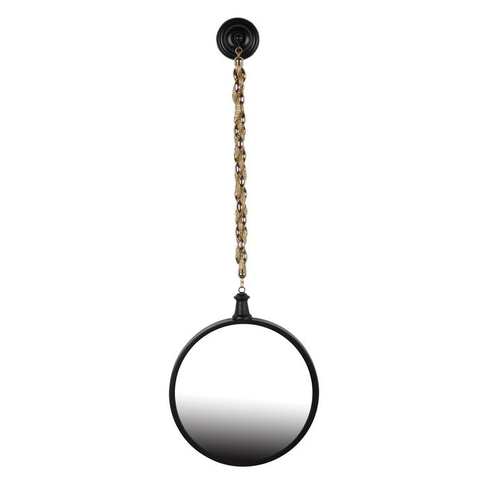 Round Metal Wall Mirror with Chain Hanger, Black and Gold