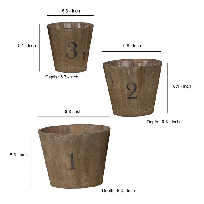 Wooden Planter with Round Base and Assorted Sizes, Set of 3, Brown