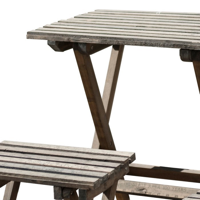 Wooden Chairs with Slated Plank Table Top and Seats,Set of 3, Brown
