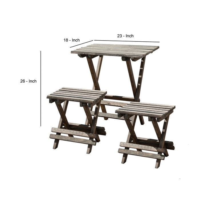 Wooden Chairs with Slated Plank Table Top and Seats,Set of 3, Brown