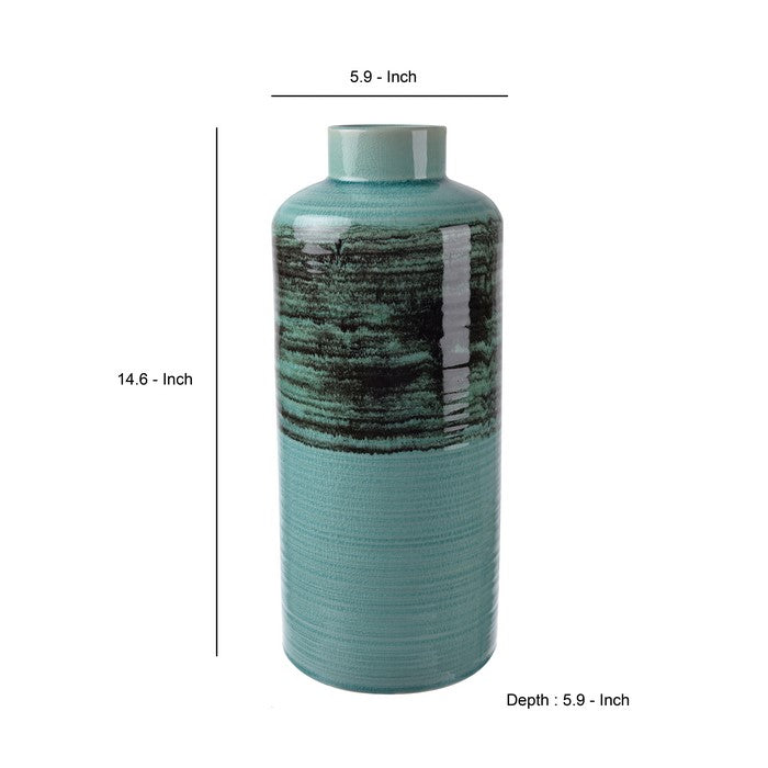 Ceramic Bottled Shaped Vase With Lifted Neck and Open Mouth, Blue