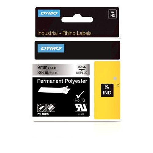 DYMO Industrial Permanent Labels for DYMO LabelWriter and Industrial RhinoPro Label Makers, Black on Metallic, 3/8", 1 Roll (18485)