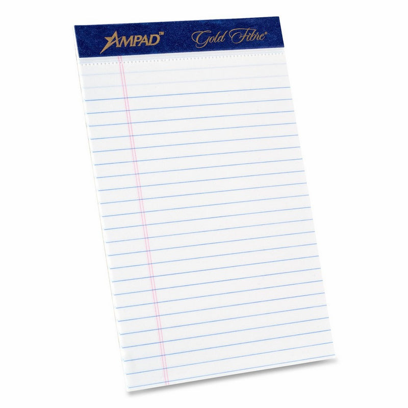 Ampad 20-054R Gold Fibre Perforated Pad, Size 5x8, White Paper, Legal Ruling, 40 Point Chipboard Backing, 50 Sheets Per Pad