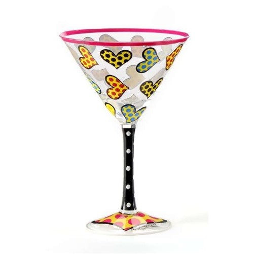 Romero Britto Martini Glass - Icon Hand Painted with Hearts Design Decal