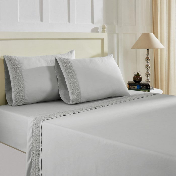 Le Mans 4 Piece Queen Size Sheet Set with Crystal Lace Trim The Urban Port, Silver