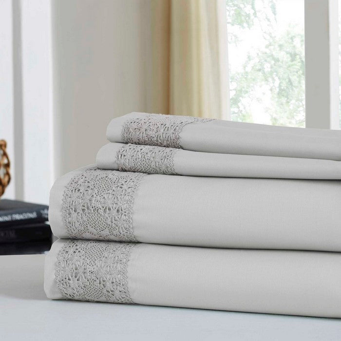 Le Mans 4 Piece Queen Size Sheet Set with Crystal Lace Trim The Urban Port, Silver