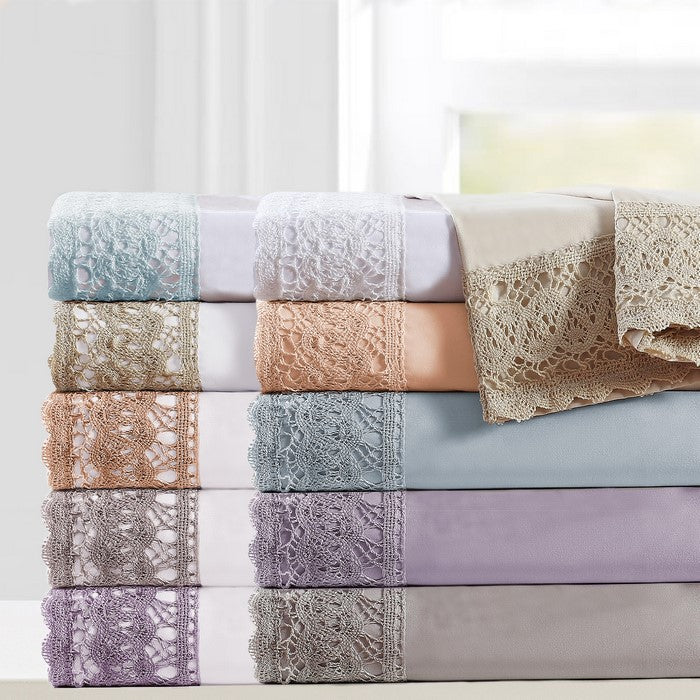 Udine 4 Piece Queen Size Microfiber Sheet Set with Crochet Lace The Urban Port, Cream