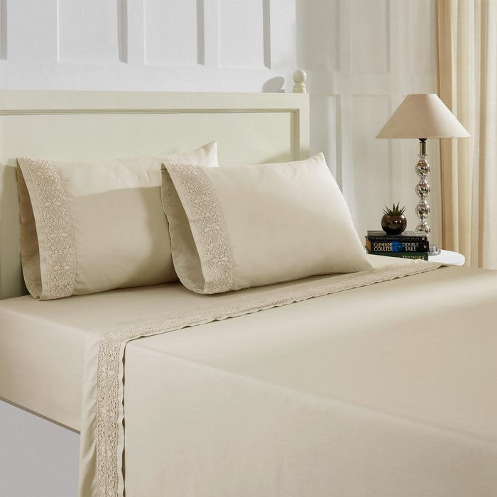 Le Mans 4 Piece King Size Sheet Set with Crystal Lace The Urban Port, Beige