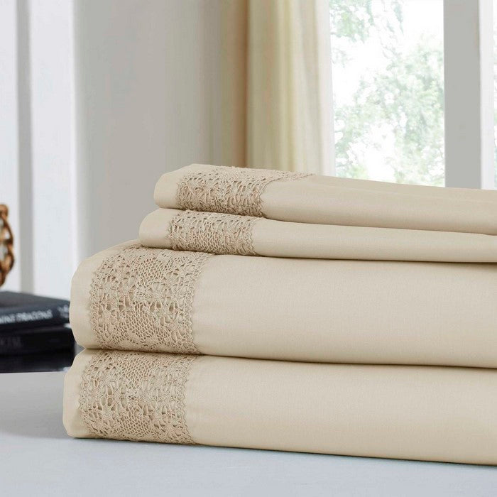 Le Mans 4 Piece King Size Sheet Set with Crystal Lace The Urban Port, Beige