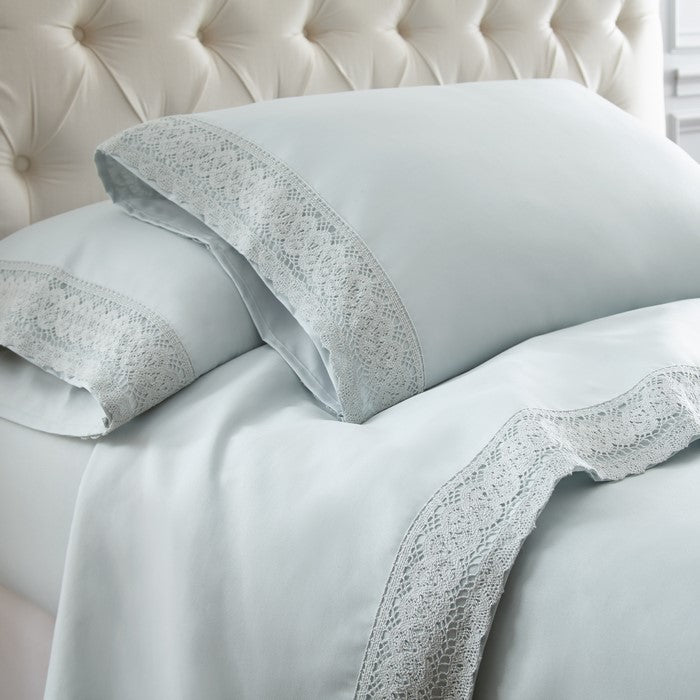 Udine 4 Piece King Size Microfiber Sheet Set with Crochet Lace The Urban Port, Blue