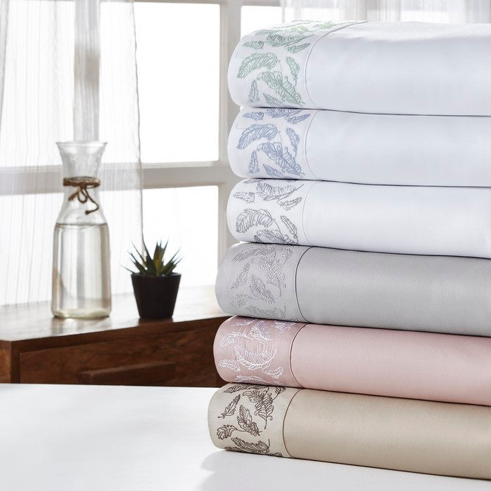Naples 4 Piece Queen Size Feather Hem Cotton Sheet Set The Urban Port,Silver and Gray