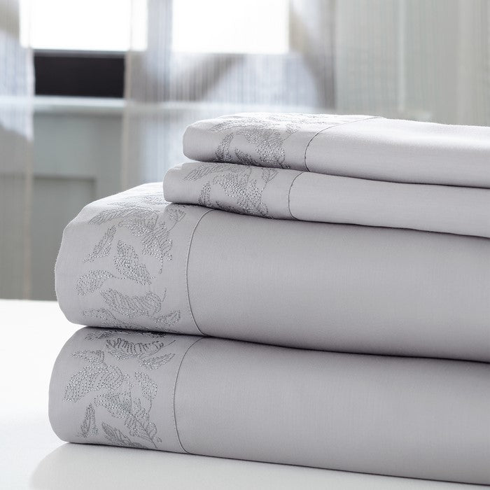 Naples 4 Piece Queen Size Feather Hem Cotton Sheet Set The Urban Port,Silver and Gray