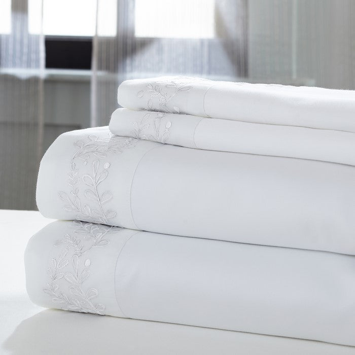 Turin 4 Piece Queen Size Leaf Hem Cotton Sheet Set The Urban Port, White