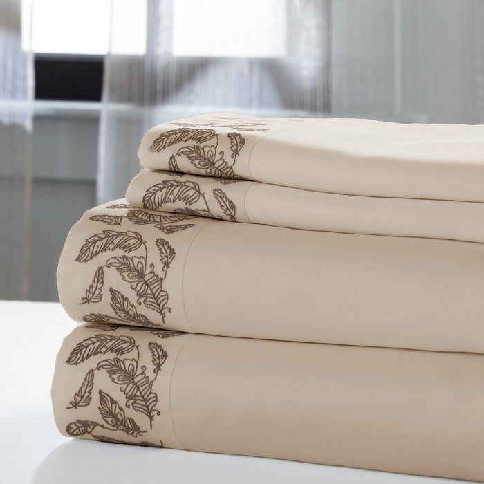 Naples 4 Piece California King Feather Hem Sheet Set The Urban Port,Beige and Brown