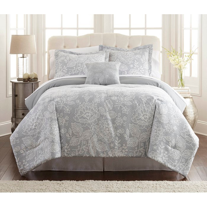 Lyon 8 Piece Printed Reversible Queen Comforter Set The Urban Port, Gray and White